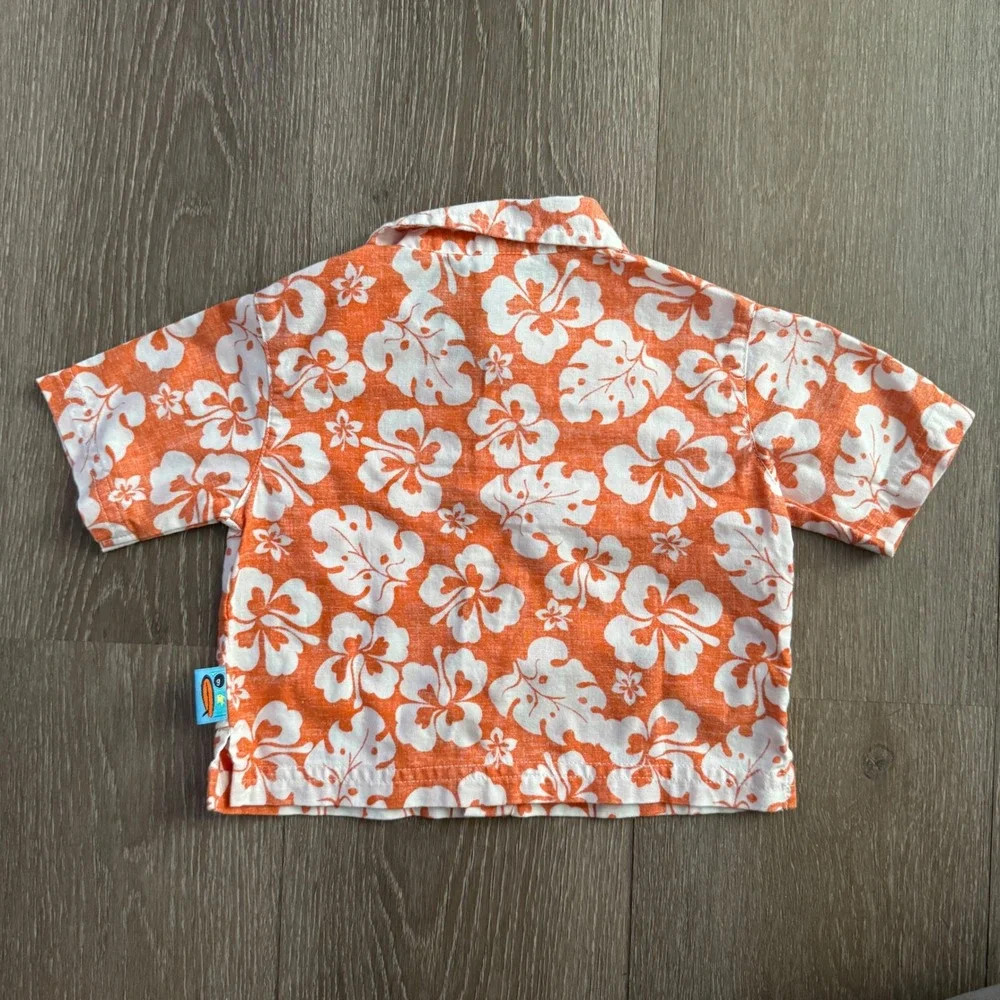 Gymboree Button Down Shirt Kids 3-6 Months Orange Hibiscus Floral Vintage 2001